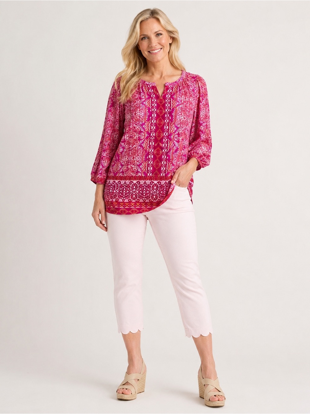 Belle by Kim Gravel Flexibelle Size 16 Pink Quartz Scalloped Crop Jeans